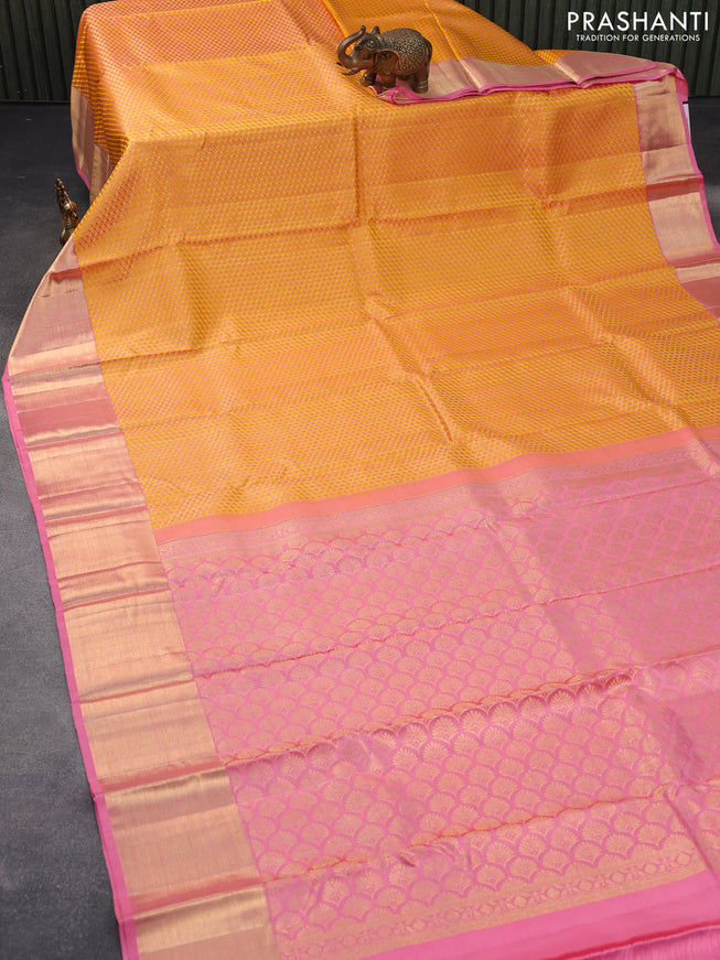 Pure kanjivaram tissue silk saree yellow and light pink with thread & zari woven brocade weaves and zari woven border