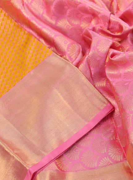 Pure kanjivaram tissue silk saree yellow and light pink with thread & zari woven brocade weaves and zari woven border