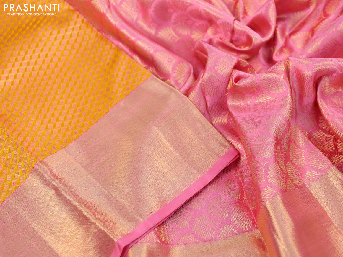 Pure kanjivaram tissue silk saree yellow and light pink with thread & zari woven brocade weaves and zari woven border