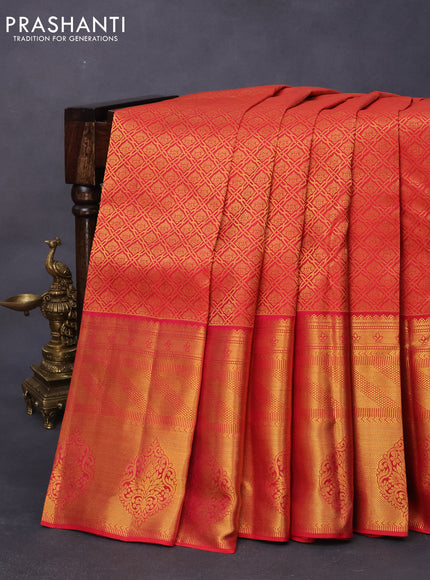 Pure kanjivaram silk saree red with allover zari woven brocade weaves and long rich zari woven border