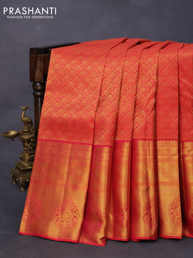 Pure kanjivaram silk saree red with allover zari woven brocade weaves and long rich zari woven border