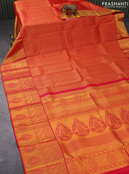 Pure kanjivaram silk saree red with allover zari woven brocade weaves and long rich zari woven border