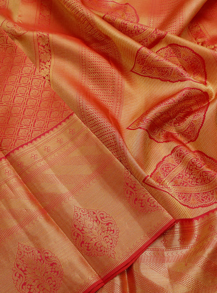 Pure kanjivaram silk saree red with allover zari woven brocade weaves and long rich zari woven border