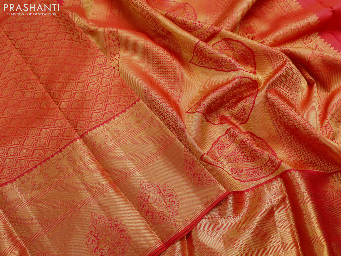 Pure kanjivaram silk saree red with allover zari woven brocade weaves and long rich zari woven border