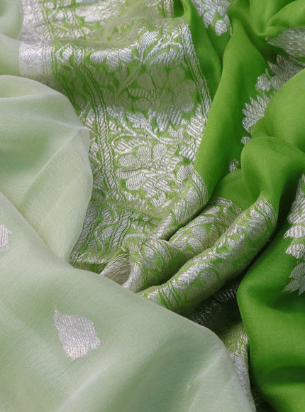 Pure banarasi chiffon silk saree cream and light green with silver zari woven buttas and silver zari woven border