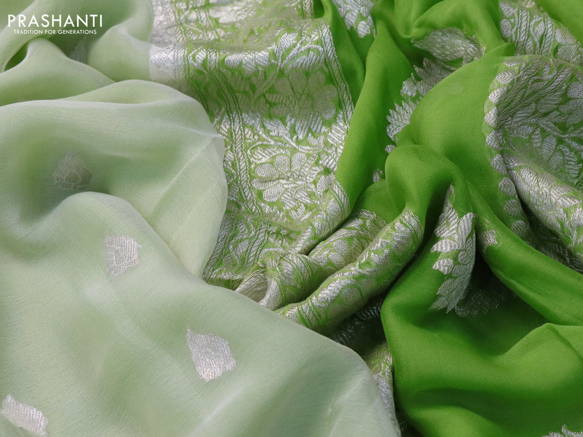 Pure banarasi chiffon silk saree cream and light green with silver zari woven buttas and silver zari woven border