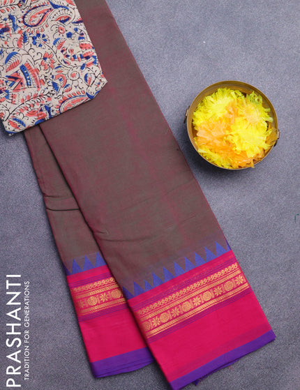 Chettinad cotton saree dual shade of greenish pink and pink with plain body and temple design zari woven simple border - kalamkari printed blouse