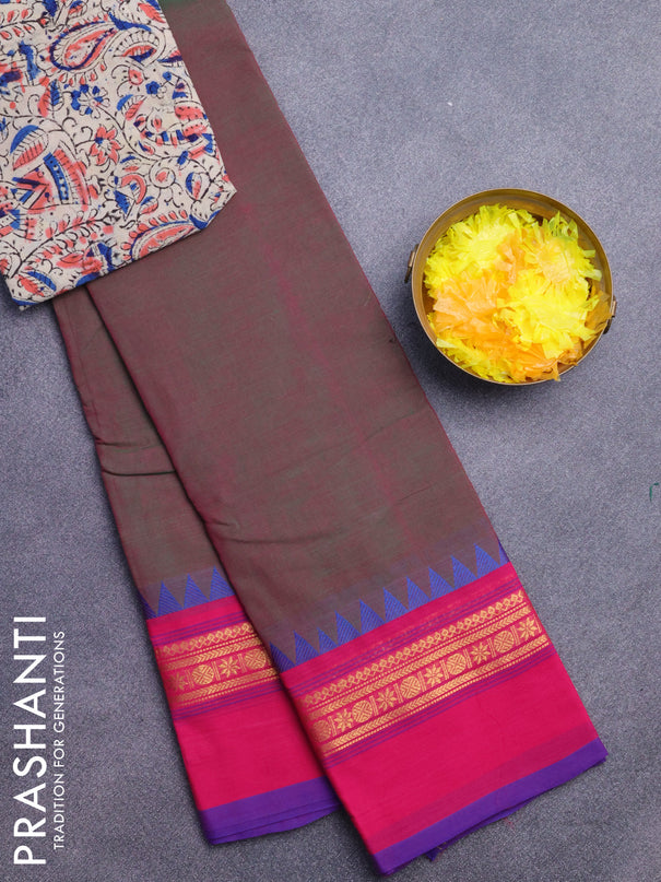 Chettinad cotton saree dual shade of greenish pink and pink with plain body and temple design zari woven simple border - kalamkari printed blouse