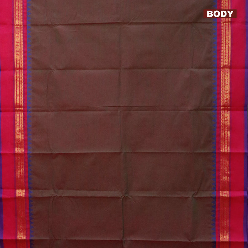 Chettinad cotton saree dual shade of greenish pink and pink with plain body and temple design zari woven simple border - kalamkari printed blouse