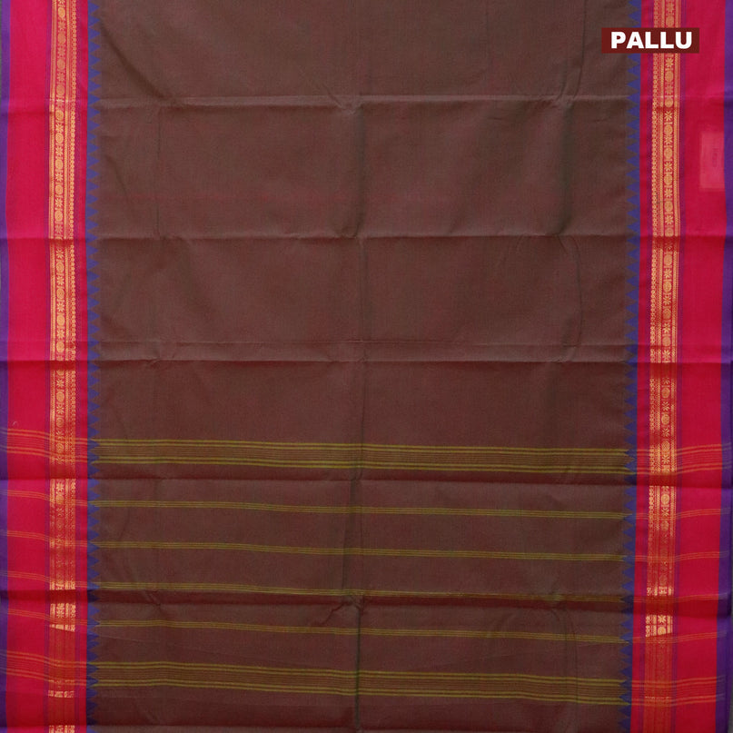 Chettinad cotton saree dual shade of greenish pink and pink with plain body and temple design zari woven simple border - kalamkari printed blouse