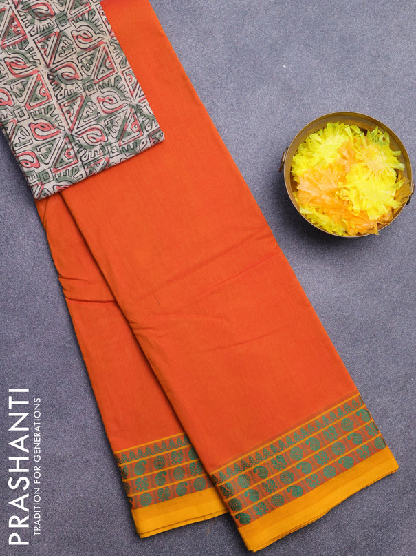 Chettinad cotton saree sunset orange and mustard yellow with plain body and thread woven border - kalamkari printed blouse