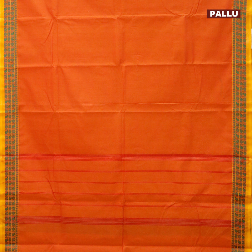 Chettinad cotton saree sunset orange and mustard yellow with plain body and thread woven border - kalamkari printed blouse