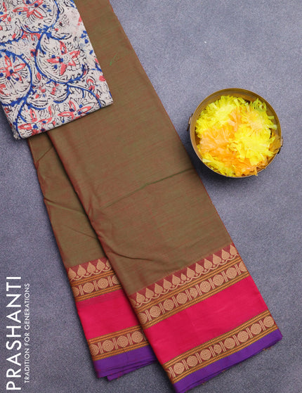 Chettinad cotton saree manthulir green and pink with plain body and rettapet thread woven border - kalamkari printed blouse