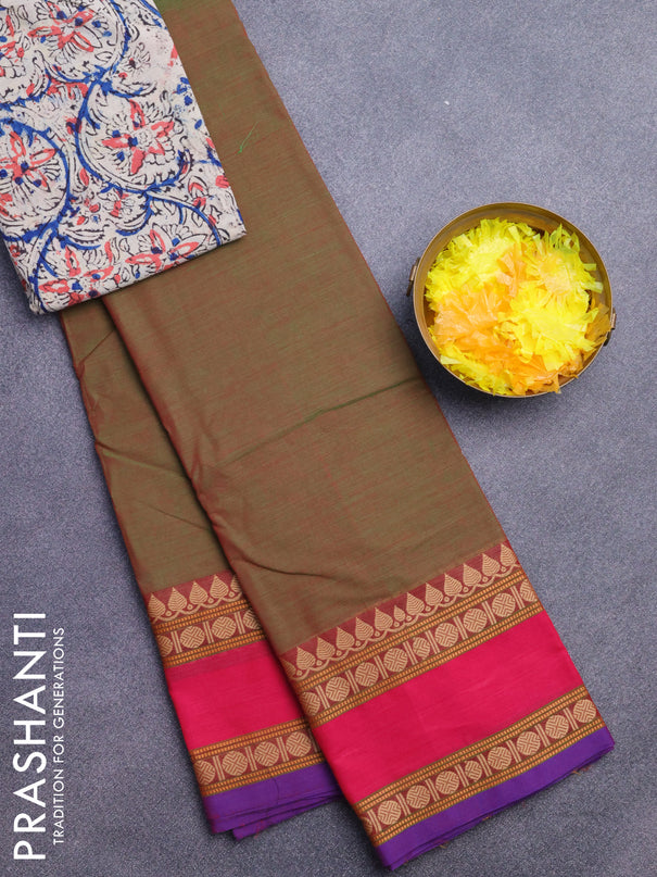 Chettinad cotton saree manthulir green and pink with plain body and rettapet thread woven border - kalamkari printed blouse