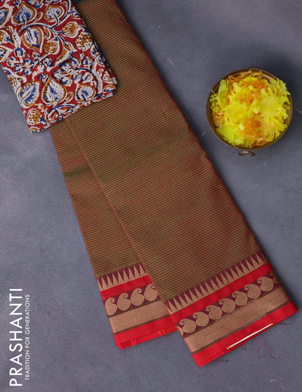 Chettinad cotton saree dual shade of green and red with allover stripes pattern and thread woven paisley design border - kalamkari printed blouse