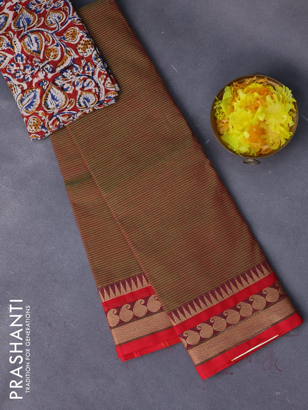 Chettinad cotton saree dual shade of green and red with allover stripes pattern and thread woven paisley design border - kalamkari printed blouse