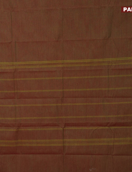 Chettinad cotton saree dual shade of green and red with allover stripes pattern and thread woven paisley design border - kalamkari printed blouse