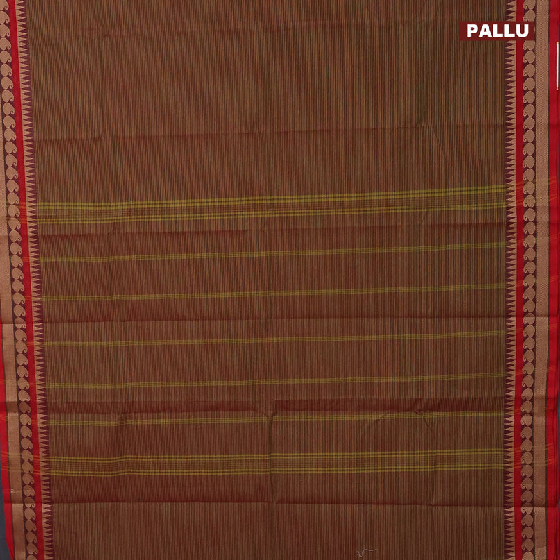 Chettinad cotton saree dual shade of green and red with allover stripes pattern and thread woven paisley design border - kalamkari printed blouse