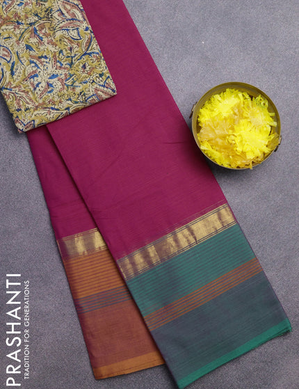 Chettinad cotton saree dual shade of pink with allover stripe pattern and ganga jamuna border - kalamkari printed blouse