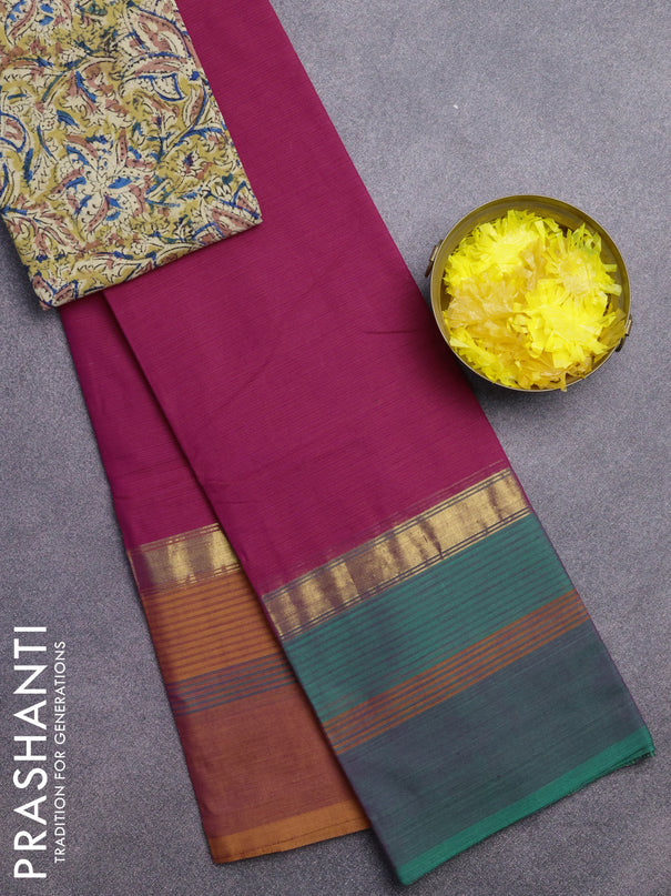 Chettinad cotton saree dual shade of pink with allover stripe pattern and ganga jamuna border - kalamkari printed blouse