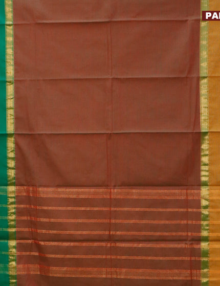 Chettinad cotton saree dark mustard yellow with allover stripe pattern and ganga jamuna border - kalamkari printed blouse