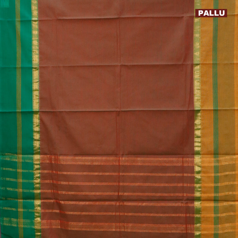 Chettinad cotton saree dark mustard yellow with allover stripe pattern and ganga jamuna border - kalamkari printed blouse