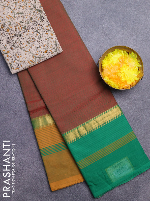 Chettinad cotton saree dark mustard yellow with allover stripe pattern and ganga jamuna border - kalamkari printed blouse