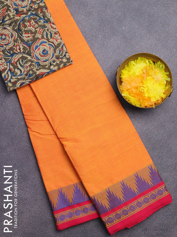 Chettinad cotton saree dual shade of yellow and pink with plain body and temple design thread woven border - kalamkari printed blouse