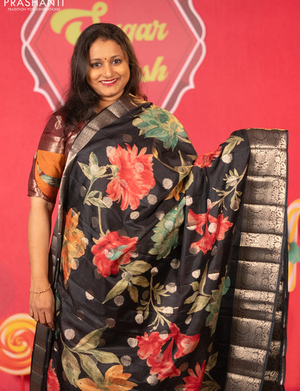 Semi tussar saree black with allover digital prints & zari buttas and zari woven border