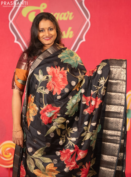 Semi tussar saree black with allover digital prints & zari buttas and zari woven border