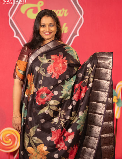 Semi tussar saree deep jamun shade with allover digital prints & zari buttas and zari woven border