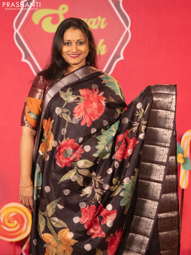 Semi tussar saree deep jamun shade with allover digital prints & zari buttas and zari woven border