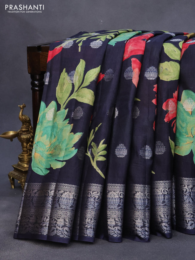 Semi tussar saree navy blue with allover digital prints & zari buttas and zari woven border