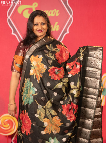 Semi tussar saree dark sap green with allover digital prints & zari buttas and zari woven border