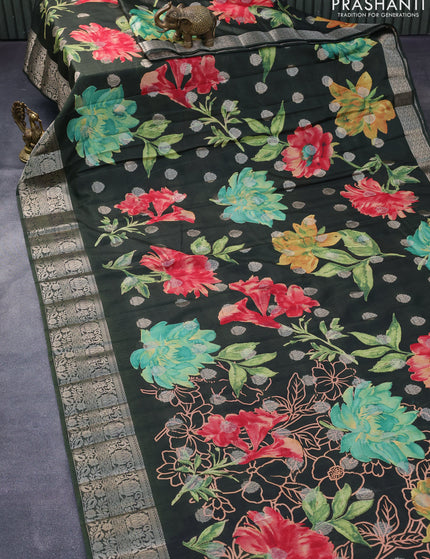 Semi tussar saree dark sap green with allover digital prints & zari buttas and zari woven border