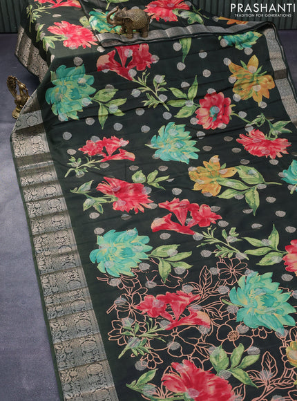 Semi tussar saree dark sap green with allover digital prints & zari buttas and zari woven border