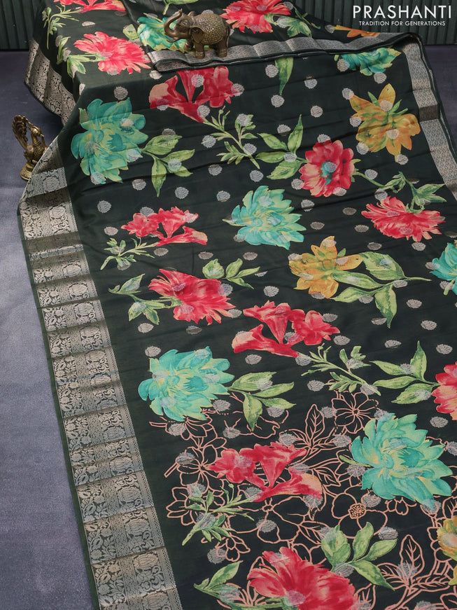 Semi tussar saree dark sap green with allover digital prints & zari buttas and zari woven border