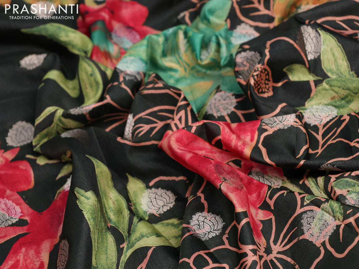 Semi tussar saree dark sap green with allover digital prints & zari buttas and zari woven border