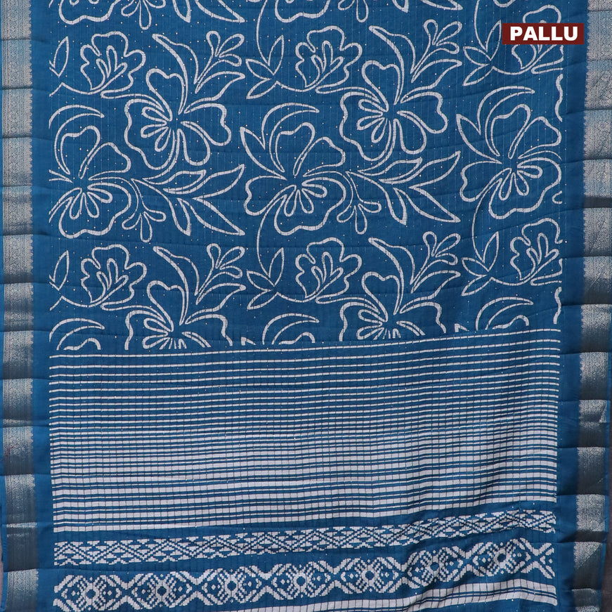 Semi raw silk saree cs blue with allover floral digital prints & sequin work and zari woven border