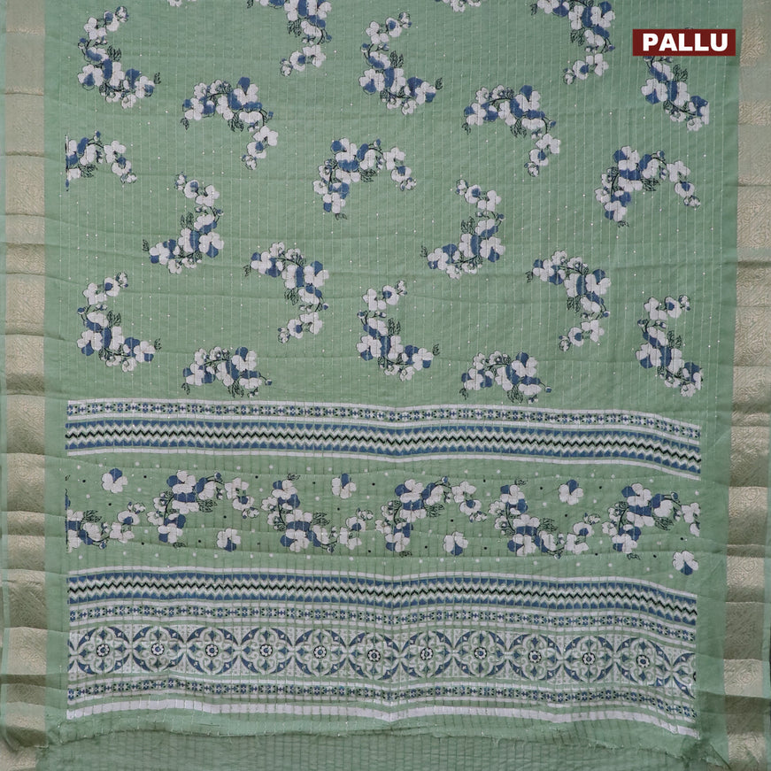 Semi raw silk saree pastel green with allover floral digital prints & sequin work and zari woven border