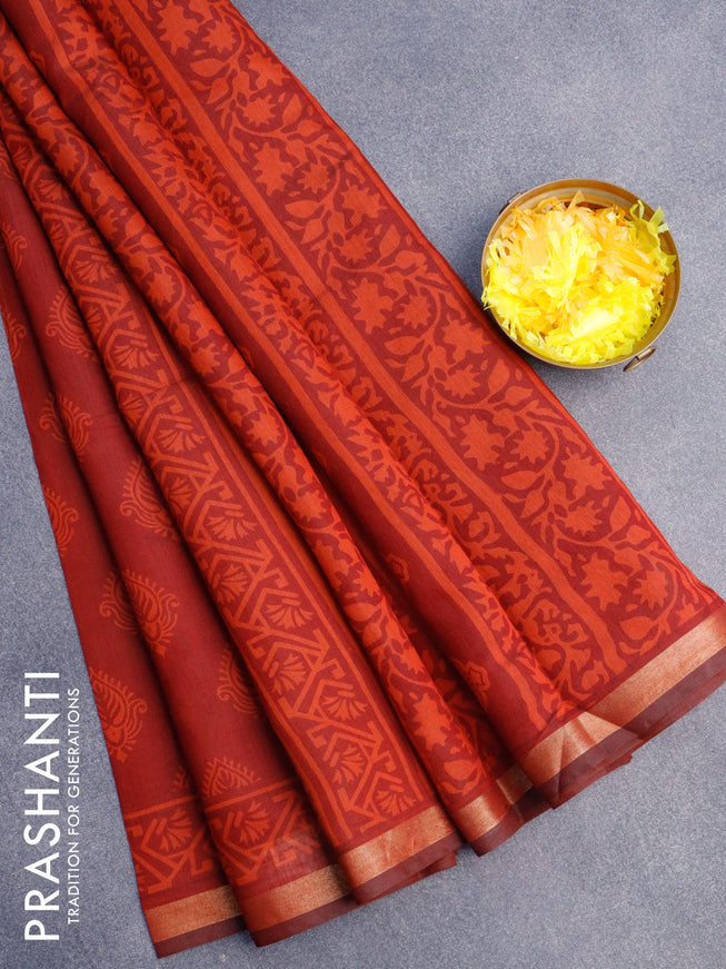 Muslin cotton saree maroon with butta prints and small zari woven border