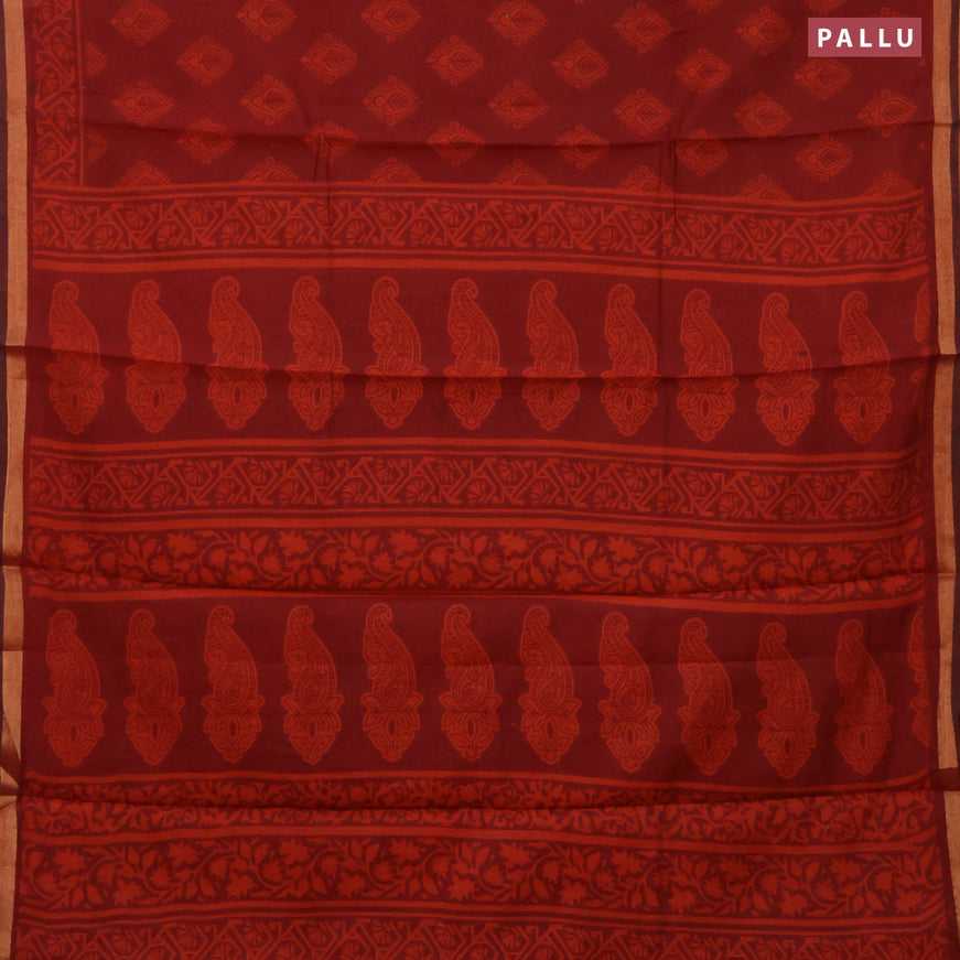 Muslin cotton saree maroon with butta prints and small zari woven border