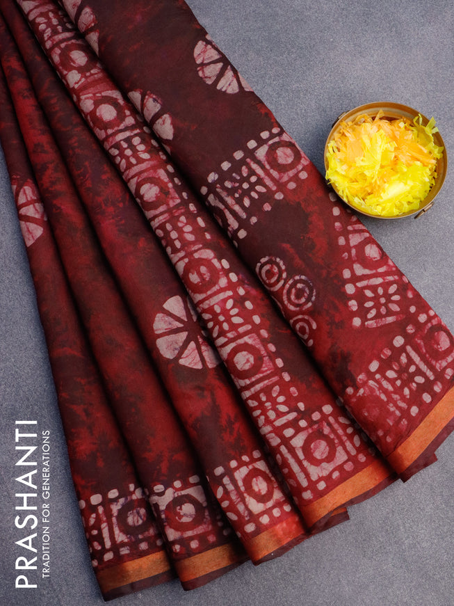 Muslin cotton saree maroon with batik butta prints and small zari woven border