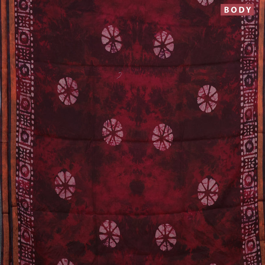 Muslin cotton saree maroon with batik butta prints and small zari woven border