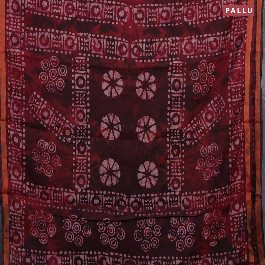 Muslin cotton saree maroon with batik butta prints and small zari woven border