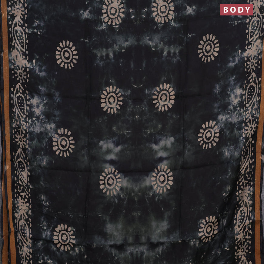 Muslin cotton saree dark beige and dark peacock green with tie and dye & batik butta prints and small zari woven border