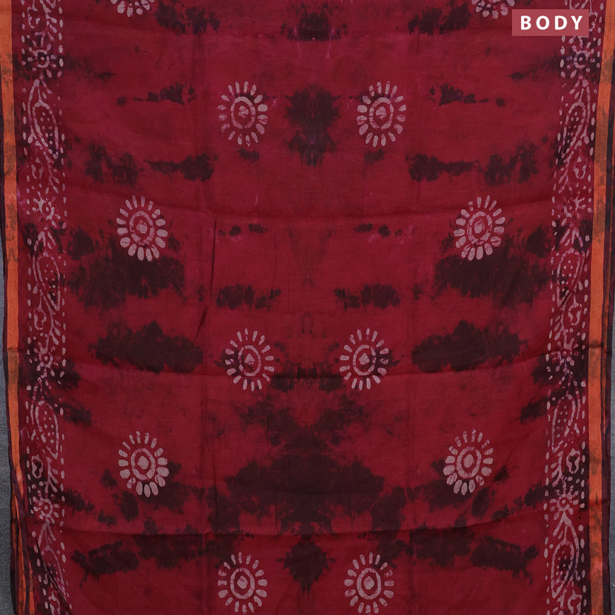 Muslin cotton saree maroon with tie and dye & batik butta prints and small zari woven border