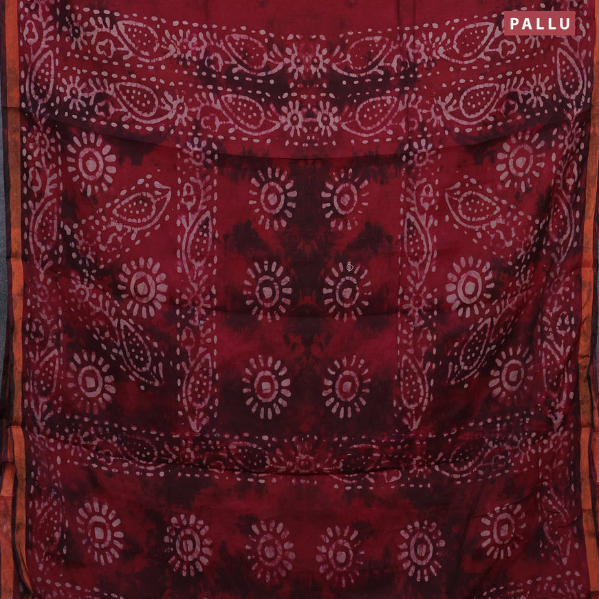 Muslin cotton saree maroon with tie and dye & batik butta prints and small zari woven border