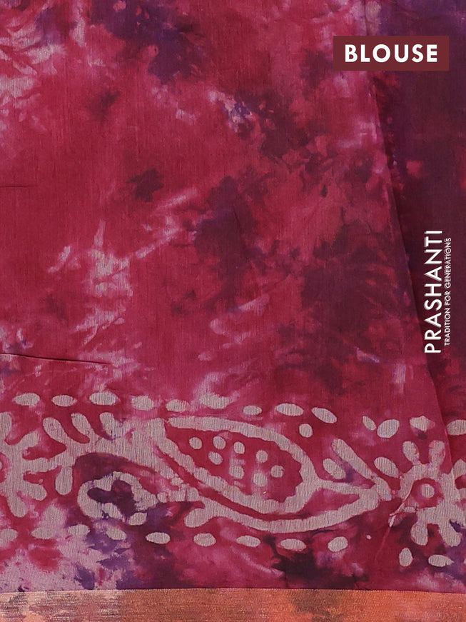 Muslin cotton saree maroon with tie and dye & batik butta prints and small zari woven border