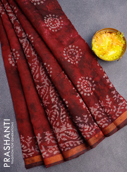 Muslin cotton saree maroon with batik butta prints and small zari woven border